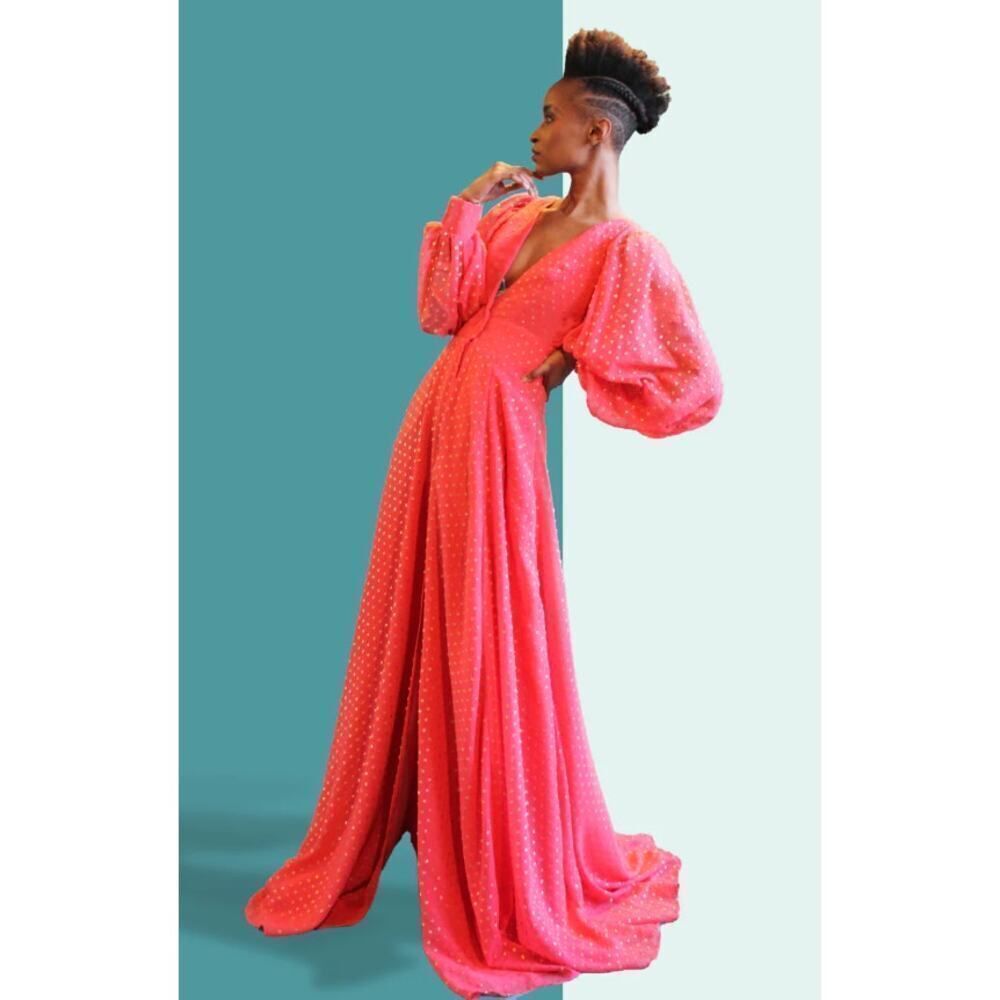 Kimberly Goldson Lesli Clip Dot Long Sleeve Maxi Dress Women's Small Coral NWOT